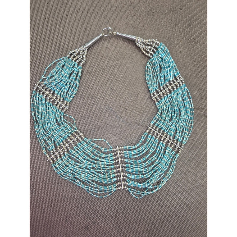 Beaded Necklace Turquoise Blue Silver Multi-Strand Statement Jewelry - Picture 4 of 6